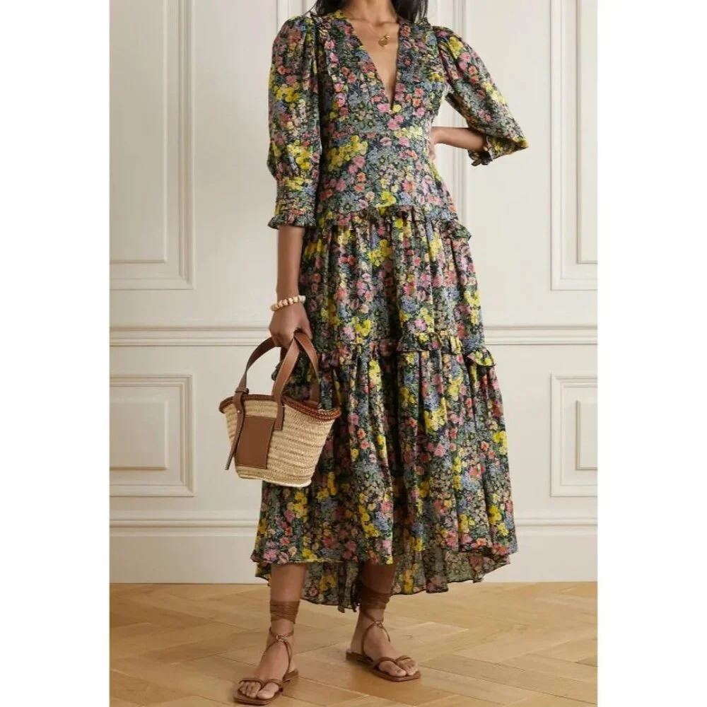 LoveShackFancy Lorencia Ruffled Floral-Print Matte-Satin Maxi Dress $695